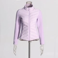 Detail of lavender lightweight quilted jacket featuring a stand collar and V-shaped stitching - Dreamy Purple
