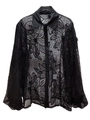 Elegant black long sleeve sheer mesh shirt with floral embroidery and button-down front - S / Black