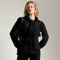 Chemise élégante en dentelle noire avec col à volants et grand nœud décoratif - Noir