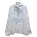 Elegant white long sleeve blouse with sheer mesh and delicate floral embroidery finish - S / White
