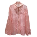 Pink mesh long sleeve shirt with floral embroidery and classic lapel collar - S / Pink