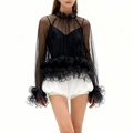 Elegante zwarte mesh blouse met lange mouwen en gelaagde kanten ruches details - S / Zwart