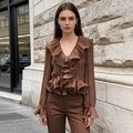 Bruine blouse met lange mouwen en ruches en bijpassende rechte pantalon set - Eén maat / Bruin