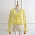Lichtgele chiffon blouse met lange mouwen, gelaagde ruches en plissé-ontwerp - Eén maat / Geel