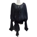 Elegantes schwarzes Langarmshirt mit Falten, Schluppenkragen und schickem Schleifendetail - S / Schwarz