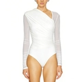 Detail of white asymmetric bodysuit with pleated fabric and sheer mesh long sleeves - S / White