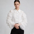 Elegant white floral lace shirt with ruffled sleeves and classic buttoned collar - White