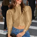 Schicke khakifarbene Stehkragen-Kurzbluse mit Puffärmeln und Knöpfen für modebewusste Damen - S / Gold