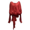 Elegante dunkelrote Plissee-Langarmbluse mit Taillenschleife und modischem Design - S / Rot