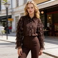 Deep brown lace shirt featuring layered ruffle sleeves and a button-down collar design - Brown