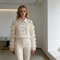 Elegant cream lace long sleeve shirt with layered ruffles and high waist trousers - Apricot