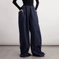 Detail view of high waist elastic waistband and large pockets on wide leg denim jeans - S / Dark Blue