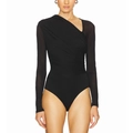Slim fit black bodysuit with asymmetrical shoulder, mesh sleeves and pleated details - S / Black