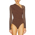 Slim fit brown asymmetrical ruched bodysuit with sheer mesh long sleeves for women - S / Brown