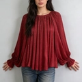 Camicetta plissettata bordeaux a pois da donna con ruches e eleganti maniche lunghe - S / Borgogna
