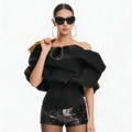 Detailed close-up of a black off-shoulder corseted top with premium satin finish - S / Black