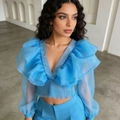 Dettaglio del crop top in organza blu con scollo a V a balze e maniche a lanterna - Taglia S / Blu