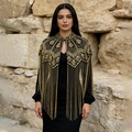 Elegante chal negro y dorado con bordados vintage y flecos largos de lujo - Talla única / Dorado