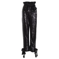 Pantaloni da donna neri con paillettes, vita alta con cintura e fiocchi alle caviglie - S / Nero