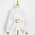 Detail of white ruffle blouse featuring a stand collar and wide belt with gold buckle - S / White