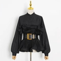 Detail of ruffled hem shirt with black leather belt and gold metallic square buckle - S / Black