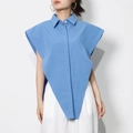 Detail of blue sleeveless shirt with sharp inverted triangle hem and silhouette cut - S / Blue