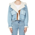 Close-up of denim jacket with white sherpa collar, chest pockets and metal buttons - S / Blue