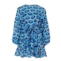 Vestido azul de línea A con estampado de panal arcoíris, mangas farol y lazo de cintura - S / Textura Geométrica de Panal Azul