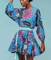 Robe courte trapèze avec imprimé floral Ankara rose, manches lanterne et ceinture bleue - S / Imprimé 11 (Imprimé Style Ethnique)