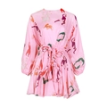 Robe trapèze rose avec imprimés arc-en-ciel, manches lanternes et ceinture tressée - S / Imprimé 4 (Imprimé Mythologique Abstrait)