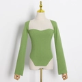 Body da donna in maglia a coste verde lime con elegante scollatura a cuore - S / Verde