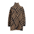 Loose-fit black and brown high-neck mink hair knit sweater with geometric stripe pattern - S / Tops / Calico