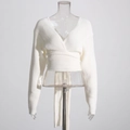 Slim fit white knit wrap top with deep V-neck and adjustable waist tie design - One Size / White
