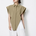 Irregular khaki sleeveless shirt with asymmetrical hem and notch lapel for women - Green