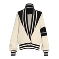 Franse stijl gebreid vest in crème en zwart gestreept met V-hals en knoopsluiting - S / Beige