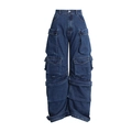 Detailed macro view of heavy-duty denim stitching and multi-pocket cargo pants design - Dark Blue