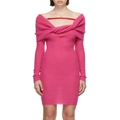 Robe courte en maille fuchsia à épaules dénudées avec nœud décoratif et manches longues - S / Rose Rouge
