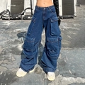 Jeans cargo da donna blu scuro a gamba larga con grandi tasche e vestibilità comoda - S / Blu