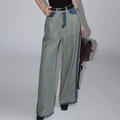 Detailed view of high-waisted wide leg jeans with contrast side stitching and large pockets - XL / Blue