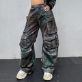 Detail shot of vintage high-waist cargo pants with multiple utility pockets and acid-wash finish - S / Colorful