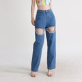 Dark blue high-waisted jeans featuring oval cut-outs and sparkling rhinestone trim - XL / Dark Blue