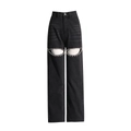 Women's high waist black wash jeans featuring hollow-out details with rhinestone accents - XL / Dark Gray