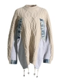 Oversized μπεζ πλεκτή μπλούζα με patchwork denim και λεπτομέρειες από κορδόνια - Ένα μέγεθος / Βερικοκί