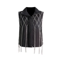 Black puffer vest with rhinestone fringe embellishments and high collar design - S / Black