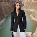 Slim fit black blazer for women with mesh bone corset waist and sheer panel details - S / Tops / Black