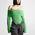 Detail of off-shoulder green ribbed knit sweater featuring unique asymmetric hemline - S / Green