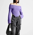 Detail of purple off-shoulder ribbed knit sweater with unique irregular triangle hemline - S / Purple