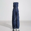 Dark blue denim cargo jumpsuit with strapless neck, multiple pockets and distressed detail - S / Dark Blue