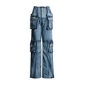 High waist straight-leg cargo jeans in dark blue wash with multiple oversized utility pockets - S / Teal