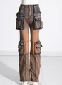 High-waist straight cargo jeans with heavy washed sand brown and indigo pockets - S / Brown